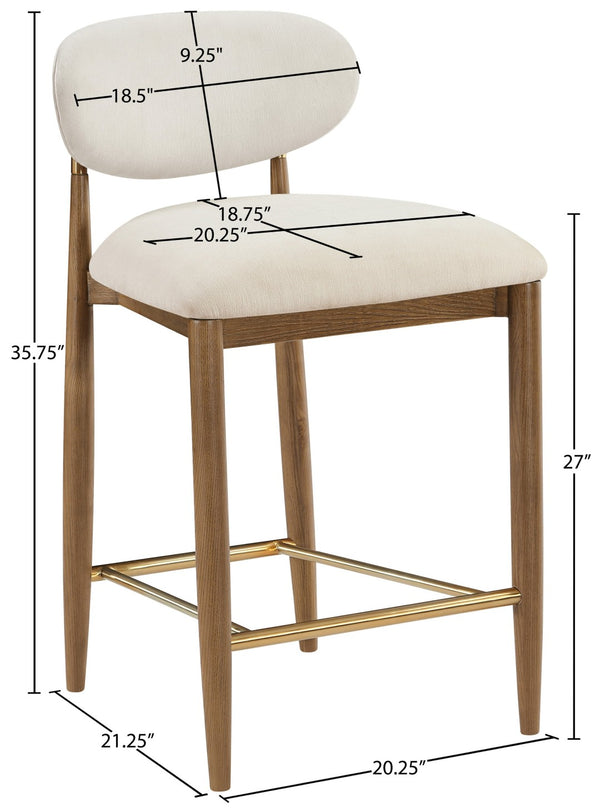 Meridian Furniture Riccio Counter Stool with Walnut Ash Frame Brass Accents and Cream Performance Seat 11043Cream-C