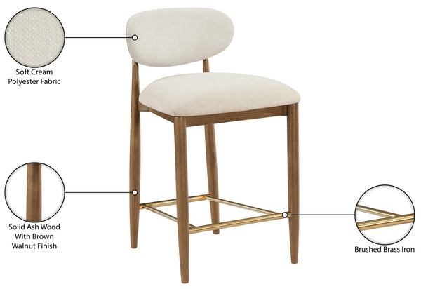 Meridian Furniture Riccio Counter Stool with Walnut Ash Frame Brass Accents and Cream Performance Seat 11043Cream-C