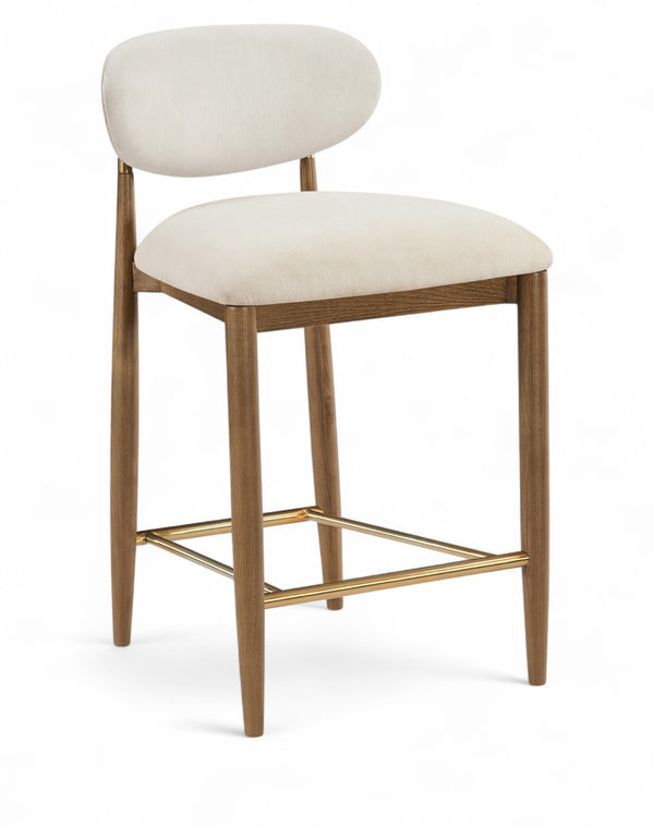 Meridian Furniture Riccio Counter Stool with Walnut Ash Frame Brass Accents and Cream Performance Seat 11043Cream-C