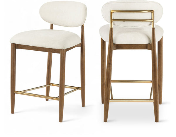 Meridian Furniture Riccio Counter Stool with Walnut Ash Frame Brass Accents and Cream Performance Seat 11043Cream-C