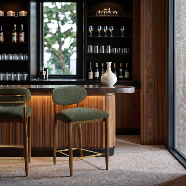 Meridian Furniture Riccio Olive Polyester Counterstool with Brass Accents and Walnut Ash Frame 11043Olive-C