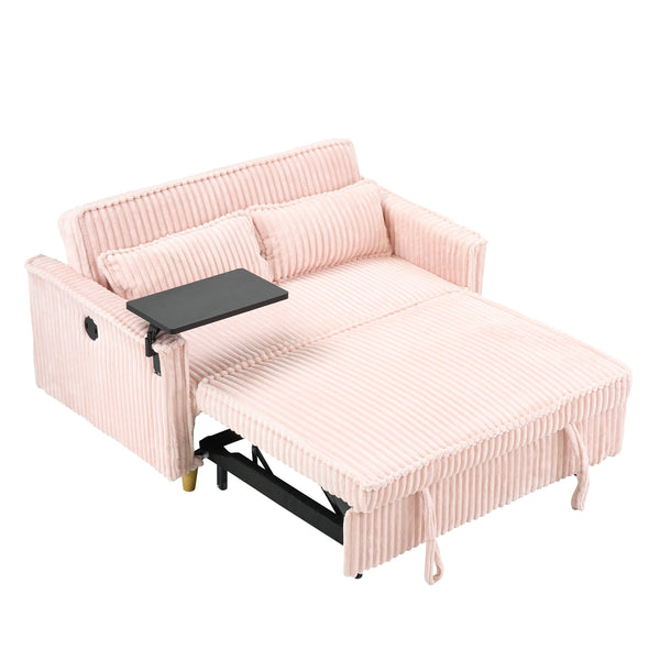 English Elm The pull-out and push-in corduroy sofa with convertible bed, movable tabletop and built-in USB ports Pink W3371P316056