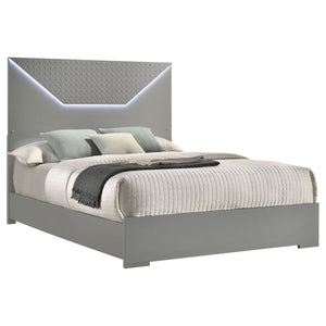 English Elm Pierce Grey High Gloss Queen Bed with Diamond Textured Panel and Touch LED Headboard, Modern Romantic Design B062S01369