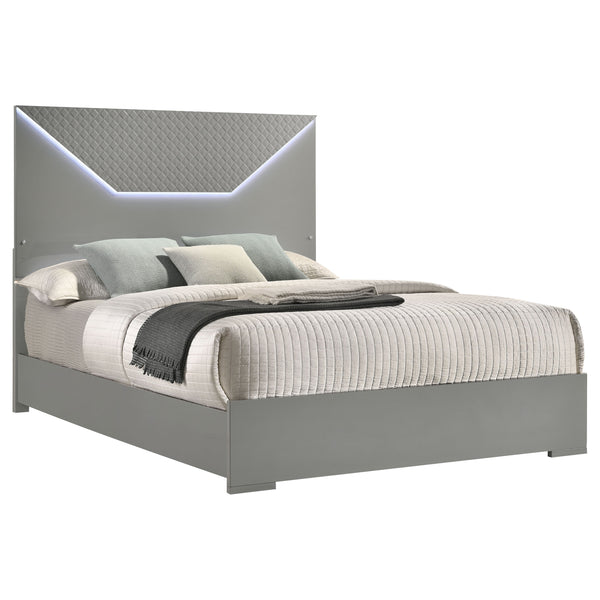 English Elm Pierce Grey High Gloss Queen Bed with Diamond Textured Panel and Touch LED Headboard, Modern Romantic Design B062S01369