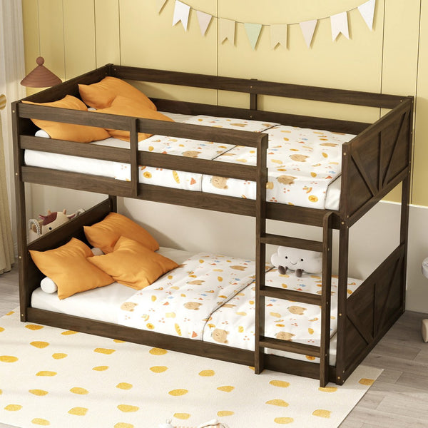 English Elm Twin Twin over Twin Floor Bunk Bed with Rustic Panel Headboards, Solid Rubberwood Frame, Space-Saving Design Antique Dark Oak W504P263818