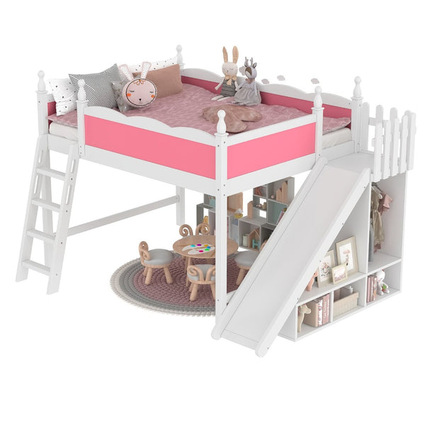 English Elm Queen Solid Pine Loft Bed with Wardrobe Shelves Detachable Slide and Dual Sleeping Zones Pink,White W5305S00026