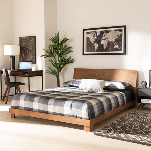 Baxton Studio Baxton Modern Walnut Brown Platform Bed with Sleek Headboard and Durable Slat Support for Comfort Haines King MG-0050-Ash Walnut-King