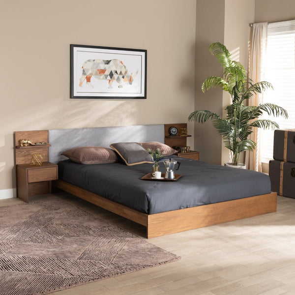 Baxton Studio Baxton Studio Modern Queen Size Platform Bed with Light Grey Upholstery & Walnut Wood Storage Design MG-0052-Light Grey/Ash Walnut-Queen