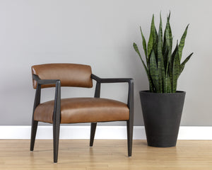 Sunpan Keagan Top Grain Leather Lounge Chair Mid-Century Oak Frame for Study or Sitting Room 110562