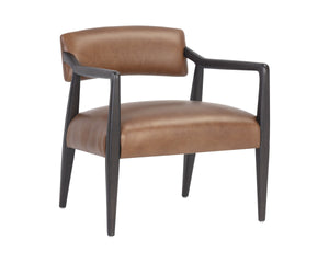 Sunpan Keagan Top Grain Leather Lounge Chair Mid-Century Oak Frame for Study or Sitting Room 110562