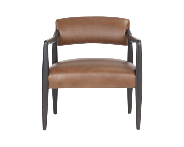 Sunpan Keagan Top Grain Leather Lounge Chair Mid-Century Oak Frame for Study or Sitting Room 110562
