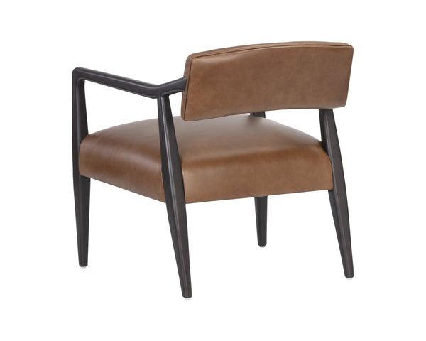 Sunpan Keagan Top Grain Leather Lounge Chair Mid-Century Oak Frame for Study or Sitting Room 110562