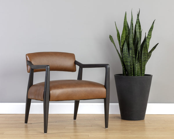 Sunpan Keagan Top Grain Leather Lounge Chair Mid-Century Oak Frame for Study or Sitting Room 110562