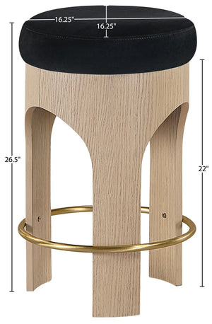 Meridian Furniture Bocceli Art Deco Velvet Counter Stool with Brushed Gold Footrest and Sculpted Wood Frame Black A 11057Black-C