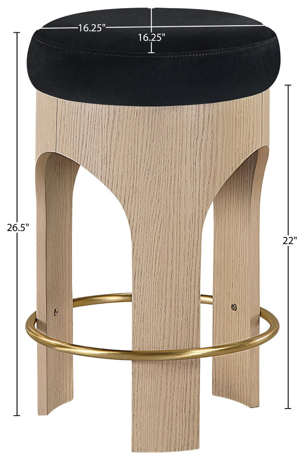 Meridian Furniture Bocceli Art Deco Velvet Counter Stool with Brushed Gold Footrest and Sculpted Wood Frame Black A 11057Black-C