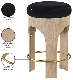 Meridian Furniture Bocceli Art Deco Velvet Counter Stool with Brushed Gold Footrest and Sculpted Wood Frame Black A 11057Black-C