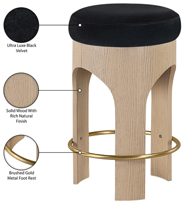 Meridian Furniture Bocceli Art Deco Velvet Counter Stool with Brushed Gold Footrest and Sculpted Wood Frame Black A 11057Black-C