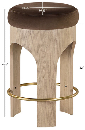 Meridian Furniture Bocceli Art Deco Velvet Counter Stool with Brushed Gold Footrest and Sculpted Wood Frame Brown A 11057Brown-C