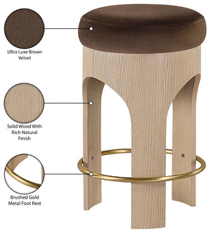 Meridian Furniture Bocceli Art Deco Velvet Counter Stool with Brushed Gold Footrest and Sculpted Wood Frame Brown A 11057Brown-C