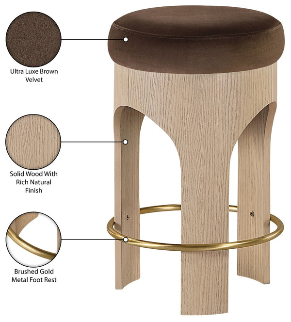 Meridian Furniture Bocceli Art Deco Velvet Counter Stool with Brushed Gold Footrest and Sculpted Wood Frame Brown A 11057Brown-C