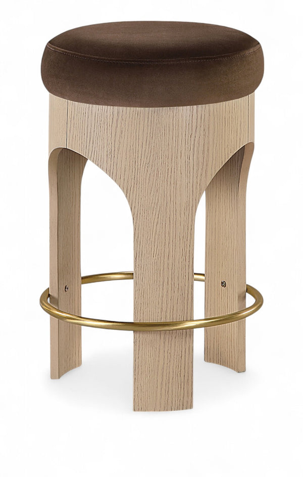 Meridian Furniture Bocceli Art Deco Velvet Counter Stool with Brushed Gold Footrest and Sculpted Wood Frame Brown A 11057Brown-C