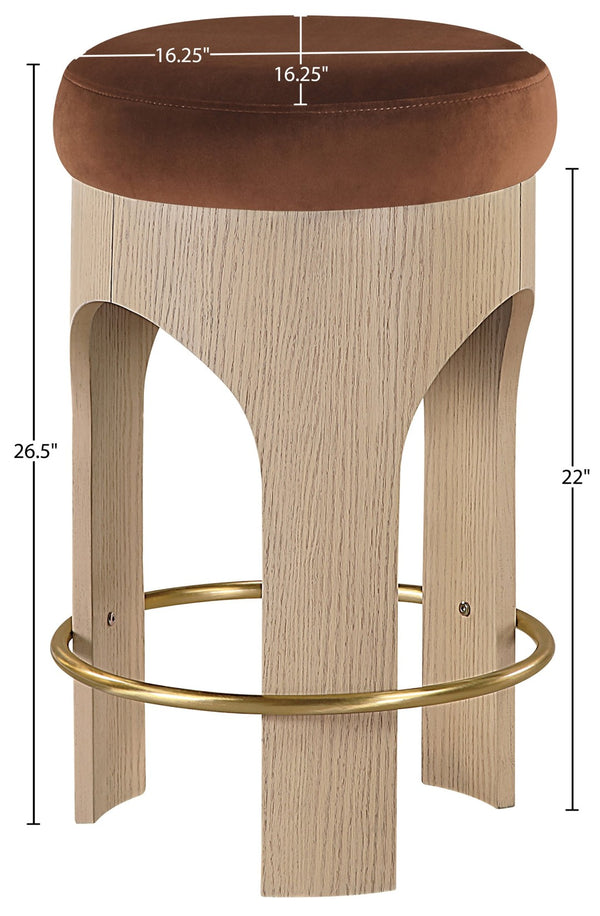 Meridian Furniture Bocceli Art Deco Velvet Counter Stool with Brushed Gold Footrest and Sculpted Wood Frame Cognac A 11057Cognac-C