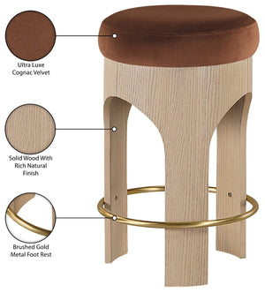 Meridian Furniture Bocceli Art Deco Velvet Counter Stool with Brushed Gold Footrest and Sculpted Wood Frame Cognac A 11057Cognac-C