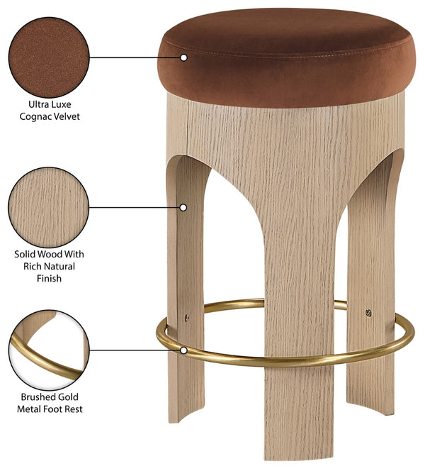 Meridian Furniture Bocceli Art Deco Velvet Counter Stool with Brushed Gold Footrest and Sculpted Wood Frame Cognac A 11057Cognac-C