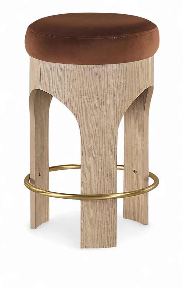 Meridian Furniture Bocceli Art Deco Velvet Counter Stool with Brushed Gold Footrest and Sculpted Wood Frame Cognac A 11057Cognac-C