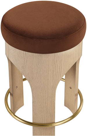 Meridian Furniture Bocceli Art Deco Velvet Counter Stool with Brushed Gold Footrest and Sculpted Wood Frame Cognac A 11057Cognac-C