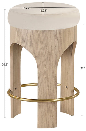 Meridian Furniture Bocceli Art Deco Velvet Counter Stool with Brushed Gold Footrest and Sculpted Wood Frame Cream A 11057Cream-C