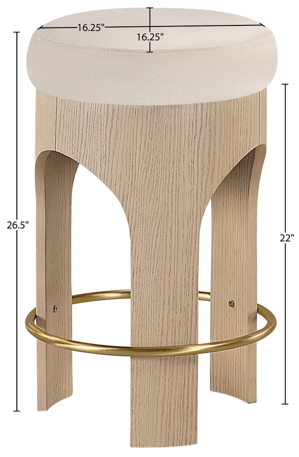 Meridian Furniture Bocceli Art Deco Velvet Counter Stool with Brushed Gold Footrest and Sculpted Wood Frame Cream A 11057Cream-C