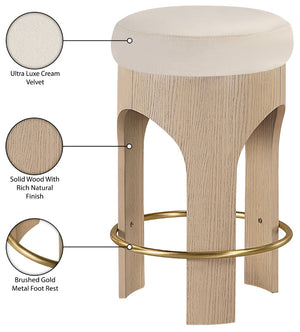 Meridian Furniture Bocceli Art Deco Velvet Counter Stool with Brushed Gold Footrest and Sculpted Wood Frame Cream A 11057Cream-C