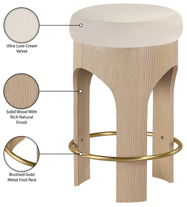 Meridian Furniture Bocceli Art Deco Velvet Counter Stool with Brushed Gold Footrest and Sculpted Wood Frame Cream A 11057Cream-C