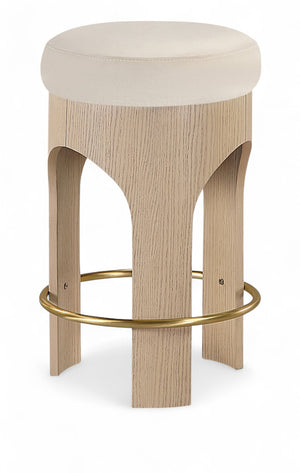 Meridian Furniture Bocceli Art Deco Velvet Counter Stool with Brushed Gold Footrest and Sculpted Wood Frame Cream A 11057Cream-C