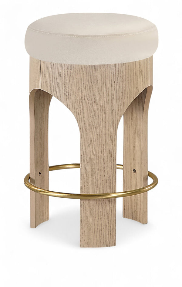 Meridian Furniture Bocceli Art Deco Velvet Counter Stool with Brushed Gold Footrest and Sculpted Wood Frame Cream A 11057Cream-C