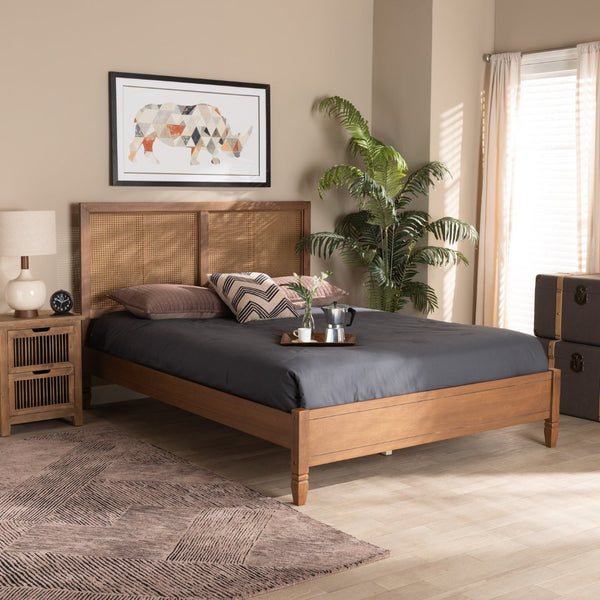 Baxton Studio Baxton Studio Queen Size Platform Bed - Mid-Century Modern Walnut Wood & Rattan Design for Style MG-0021-4-Walnut-Queen