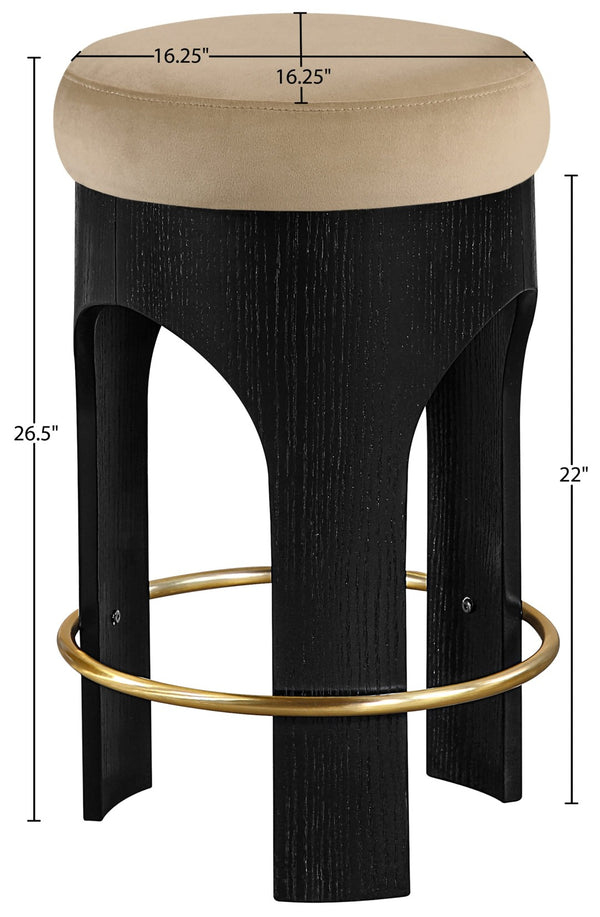 Meridian Furniture Bocceli Art Deco Velvet Counter Stool with Brushed Gold Footrest and Sculpted Wood Frame Beige B 11058Beige-C