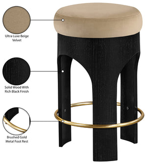 Meridian Furniture Bocceli Art Deco Velvet Counter Stool with Brushed Gold Footrest and Sculpted Wood Frame Beige B 11058Beige-C