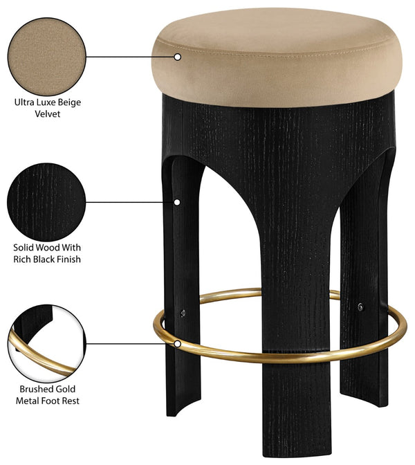 Meridian Furniture Bocceli Art Deco Velvet Counter Stool with Brushed Gold Footrest and Sculpted Wood Frame Beige B 11058Beige-C