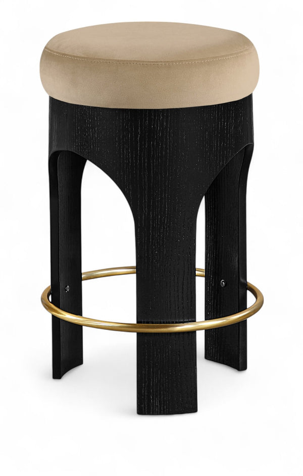 Meridian Furniture Bocceli Art Deco Velvet Counter Stool with Brushed Gold Footrest and Sculpted Wood Frame Beige B 11058Beige-C