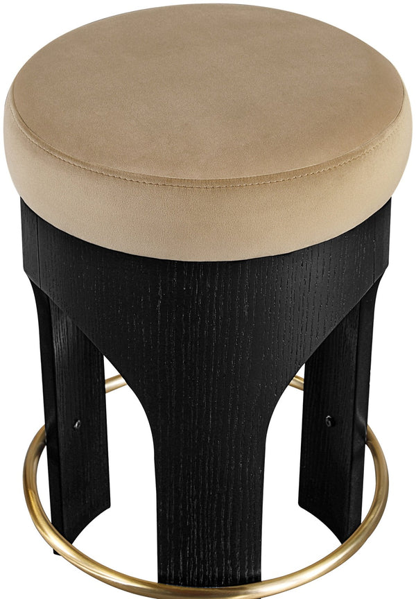 Meridian Furniture Bocceli Art Deco Velvet Counter Stool with Brushed Gold Footrest and Sculpted Wood Frame Beige B 11058Beige-C