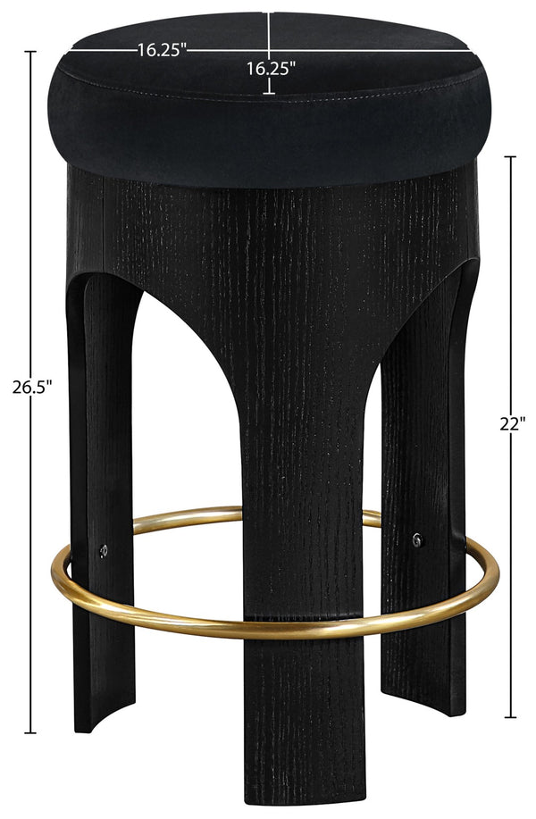 Meridian Furniture Bocceli Art Deco Velvet Counter Stool with Brushed Gold Footrest and Sculpted Wood Frame Black B 11058Black-C