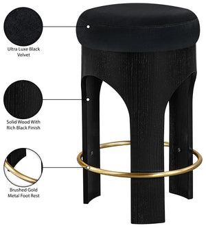 Meridian Furniture Bocceli Art Deco Velvet Counter Stool with Brushed Gold Footrest and Sculpted Wood Frame Black B 11058Black-C