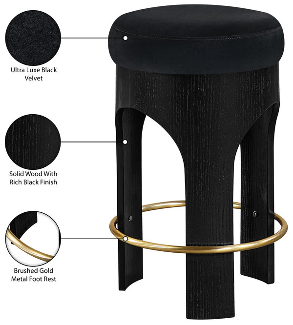 Meridian Furniture Bocceli Art Deco Velvet Counter Stool with Brushed Gold Footrest and Sculpted Wood Frame Black B 11058Black-C