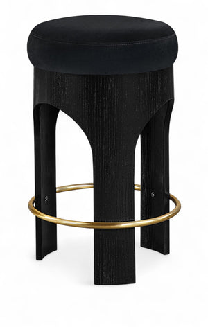 Meridian Furniture Bocceli Art Deco Velvet Counter Stool with Brushed Gold Footrest and Sculpted Wood Frame Black B 11058Black-C