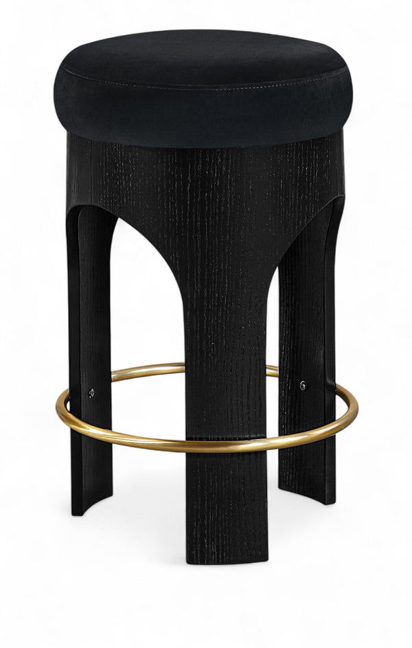 Meridian Furniture Bocceli Art Deco Velvet Counter Stool with Brushed Gold Footrest and Sculpted Wood Frame Black B 11058Black-C