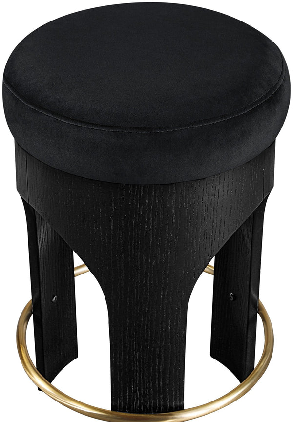 Meridian Furniture Bocceli Art Deco Velvet Counter Stool with Brushed Gold Footrest and Sculpted Wood Frame Black B 11058Black-C