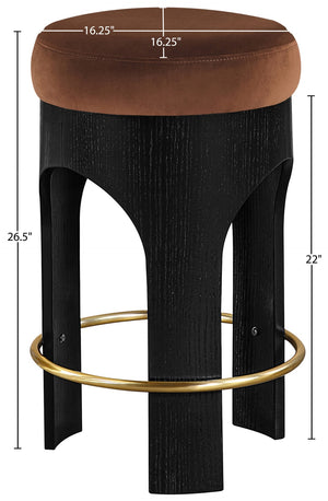 Meridian Furniture Bocceli Art Deco Velvet Counter Stool with Brushed Gold Footrest and Sculpted Wood Frame Cognac B 11058Cognac-C