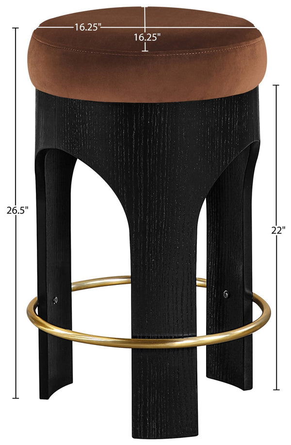 Meridian Furniture Bocceli Art Deco Velvet Counter Stool with Brushed Gold Footrest and Sculpted Wood Frame Cognac B 11058Cognac-C